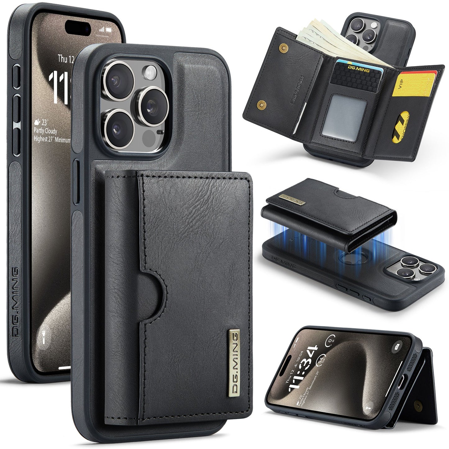 New 2-in-1 RFID Blocking Card Holder Leather Phone Case for iPhone 15 Pro Max