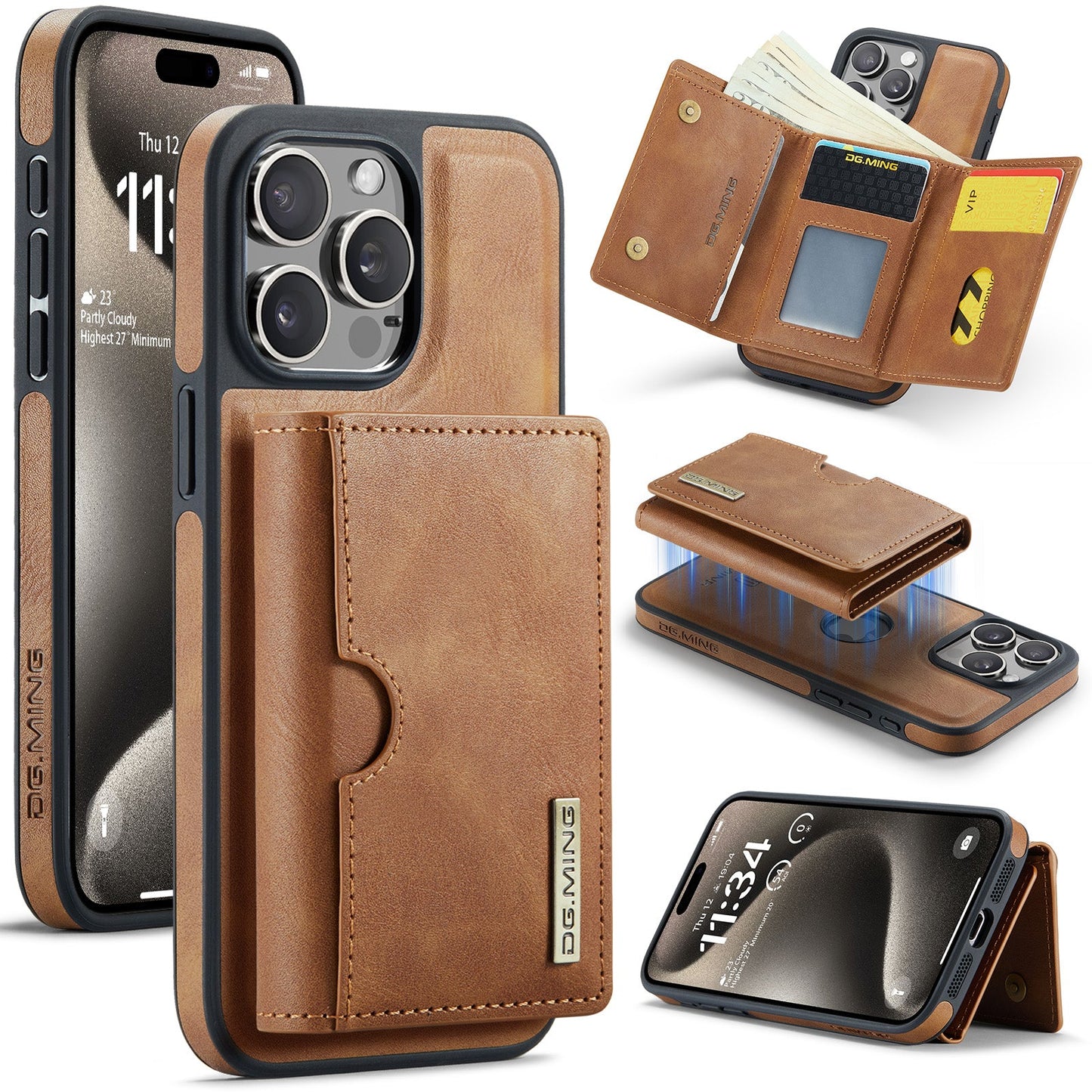 New 2-in-1 RFID Blocking Card Holder Leather Phone Case for iPhone 15 Pro Max