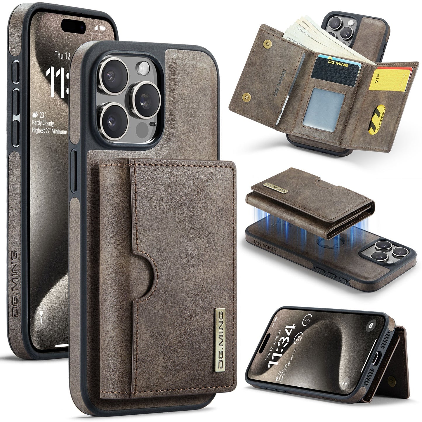 New 2-in-1 RFID Blocking Card Holder Leather Phone Case for iPhone 15 Pro Max