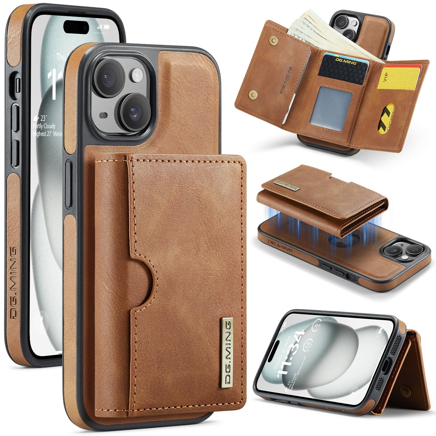 New 2-in-1 RFID Blocking Card Holder Leather Phone Case for iPhone 15
